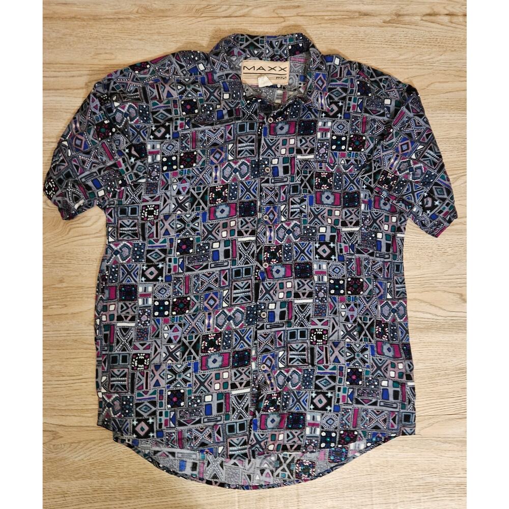 Vintage MAXX FM 90's Mens Button Up Shirt Size Large Gray Abstract Print